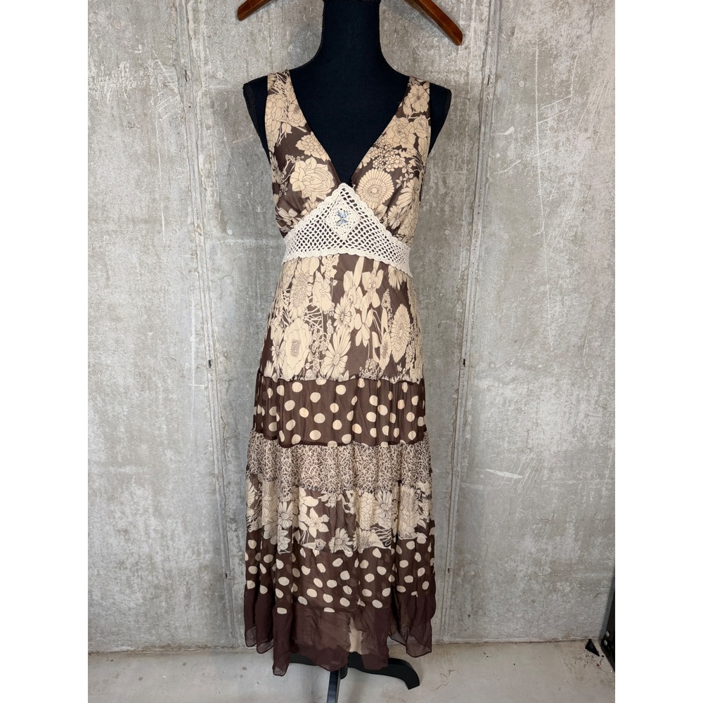 Jonathan Martin 100% Silk Maxi Dress Brown Floral Polka Dot Tiered Boho Size 10